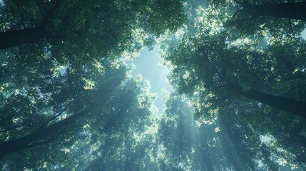 Fototapeta premium A peaceful outdoor shot looking up at towering trees swaying gently in the wind.