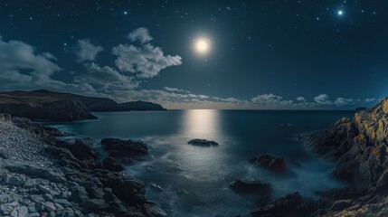 Enchanting Super Moon over Serene Sea with Scattered Clouds in Magical Starry Night