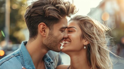 Fototapeta premium KISS day, A couple in denim embracing and touching foreheads affectionately