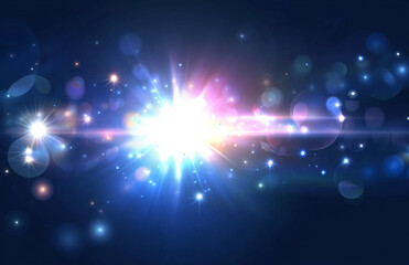 White glowing light effect with a dark blue background, vector illustration. A white star is in the center of the picture, isolated on a dark background.
