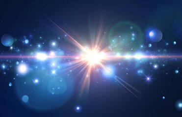 White glowing light effect with a dark blue background, vector illustration. A white star is in the center of the picture, isolated on a dark background.