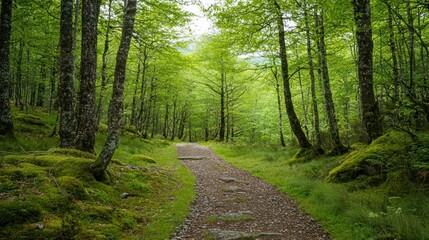 Obraz premium A peaceful path winding through a thick forest, with tall trees and soft moss lining the ground.