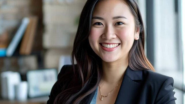 Young Asian Businesswoman Smiling While Using Laptop in Modern Office