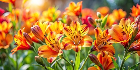 Fototapeta premium Peruvian Lily Garden, Bright Orange Yellow Flowers, Candid Photography, Blooming Alstroemeria, Summer Flowers