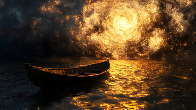 A surreal depiction of a small boat on a lake at night, with textured water reflecting the swirling golden light of the moon above 