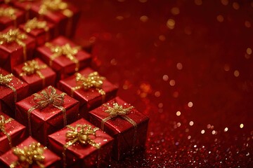 Red Gift Boxes with Gold Bows Sparkle Brightly on Red Glitter Background for Festive Celebration