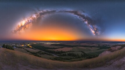 Stunning Panoramic View of the Milky Way Galaxy Over a Vibrant Horizon at Dusk, Showcasing Nature's Beauty and Cosmic Wonder in a Breathtaking Landscape