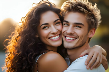 Close-up of a happy couple embracing. 