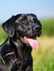 Fototapeta premium A black Labrador retriever with a panting tongue, outside in a sunny field