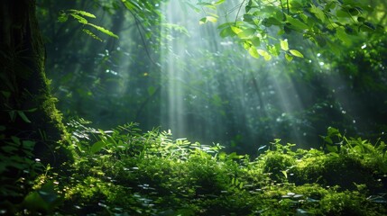 Obraz premium Sunlight filtering through lush green forest canopy