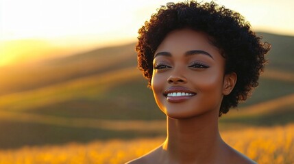 A serene portrait of a confident young African woman against a golden sunset, ideal for wellness campaigns, empowering content, or summer events.