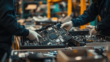 Workers Carefully Sort and Recycle Electronic Circuit Boards for Sustainable Practices