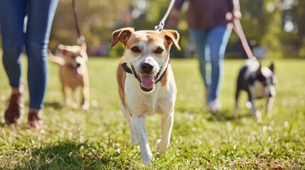 A people walking shelter dogs in a local park as part of a community animal care initiative.