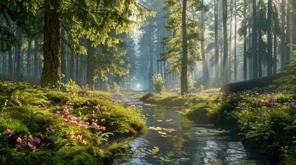 Obraz premium Sun rays filtering through a misty forest onto a stream with flowers on the banks