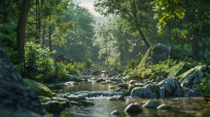 Obraz premium A serene stream flows through a lush, sun-dappled forest with rocks and greenery