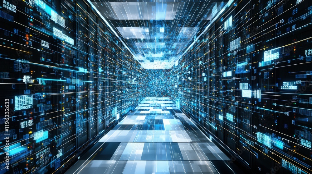 Aufkleber A futuristic server room filled with vibrant blue and yellow light streaks symbolizes advanced data processing and technology. Perfect for IT, cloud computing, and networking themes.