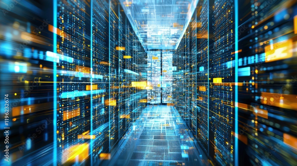 Poster A futuristic server room illuminated by dynamic blue and yellow light trails symbolizes advanced technology and data flow. Ideal for IT, networking, and cloud infrastructure themes