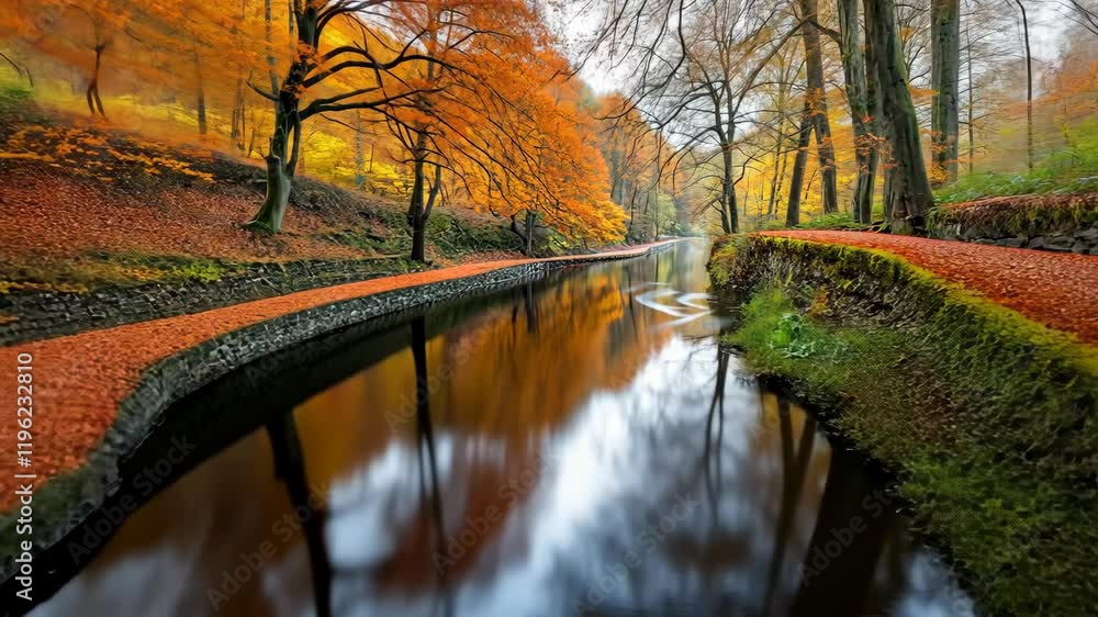 Poster autumn colors reflected in a tranquil river surrounded by trees in a serene landscape setting