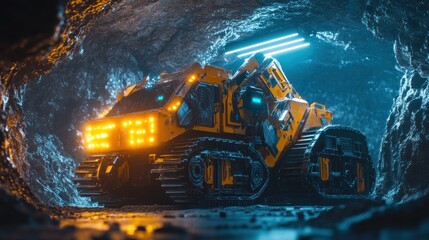 Futuristic Mining Vehicle in Underground Cave
