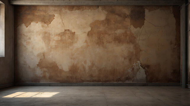 An old abandoned room with a wooden floor, concrete walls, a vintage door, and a dirty window, giving a dark and grunge atmosphere