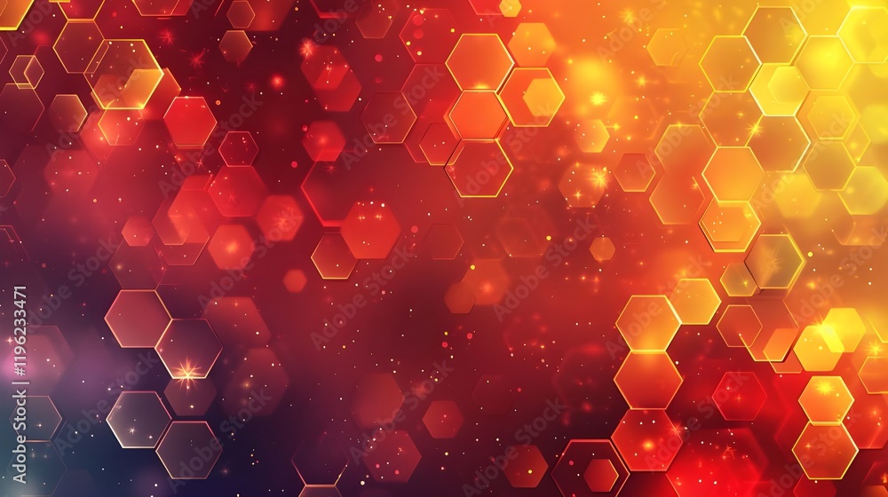 Poster abstract hexagonal pattern with glowing orange and red hues