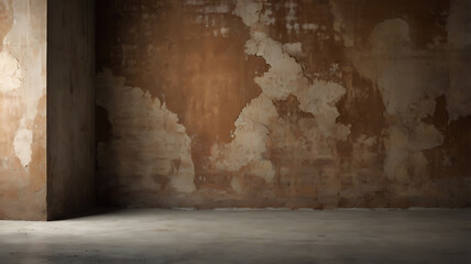 An old abandoned room with a wooden floor, concrete walls, a vintage door, and a dirty window, giving a dark and grunge atmosphere