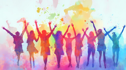 Team of leaders celebrating successful community projects, lively environment, watercolor style. Rainspire. Illustration