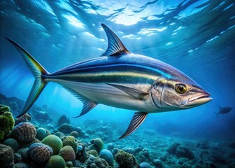 Naklejka premium A sharp underwater photo reveals an Indian Threadfin (Alectis indica), a vibrant Indian Ocean fish.