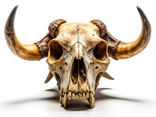 Fototapeta premium A stark white backdrop accentuates the ox skull's detailed texture under dramatic lighting.