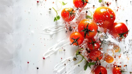 Tomatoes with herbs, salt, and splashes on a white background