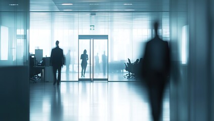 Fototapeta premium Modern Office Building: Professionals Walk Through Glass Doors in a Bright Workspace, Representing Corporate Success and Business Growth