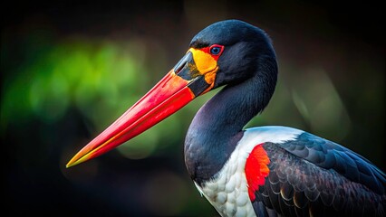 Fototapeta premium Saddle-billed Stork Low Light Photography: Night Birds, African Wildlife, Nocturnal Animals, Bird Photography, Dark Nature
