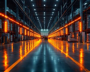 Fototapeta premium Vibrant Glowing Automated Warehouse Interior with Workers Using Wearable Tech for Inventory Management