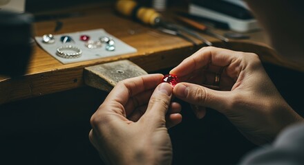 Obraz premium Jeweler Hands Inspecting Red Gemstone Detailed Closeup Shot Professional Jewelry Making Process Ruby Work Care