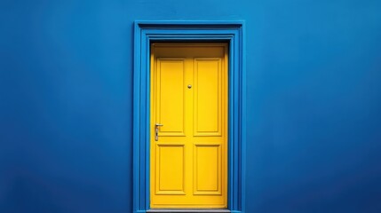 A brightly colored yellow door with a minimalist design, framed by vibrant blue walls