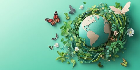 Celebrating Our Planet: A Vibrant Earth Day Illustration Featuring Paper Art of a World Encircled by Lush Greenery and Butterflies