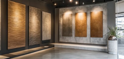 Fototapeta premium Soft lighting highlights rich textures of wood and metal panels.