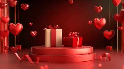 Happy Valentine's day banner background with gift box and heart decorate on stage