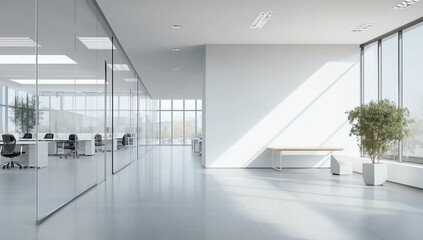 Obraz premium Modern Office Interior with Glass Walls and Soft Natural Light Creating a Calming Atmosphere 