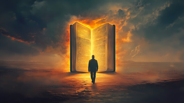 Man walking towards an open illuminated bible symbolizing the path of faith and enlightenment through scripture and spiritual journey. Rainspire. Illustration