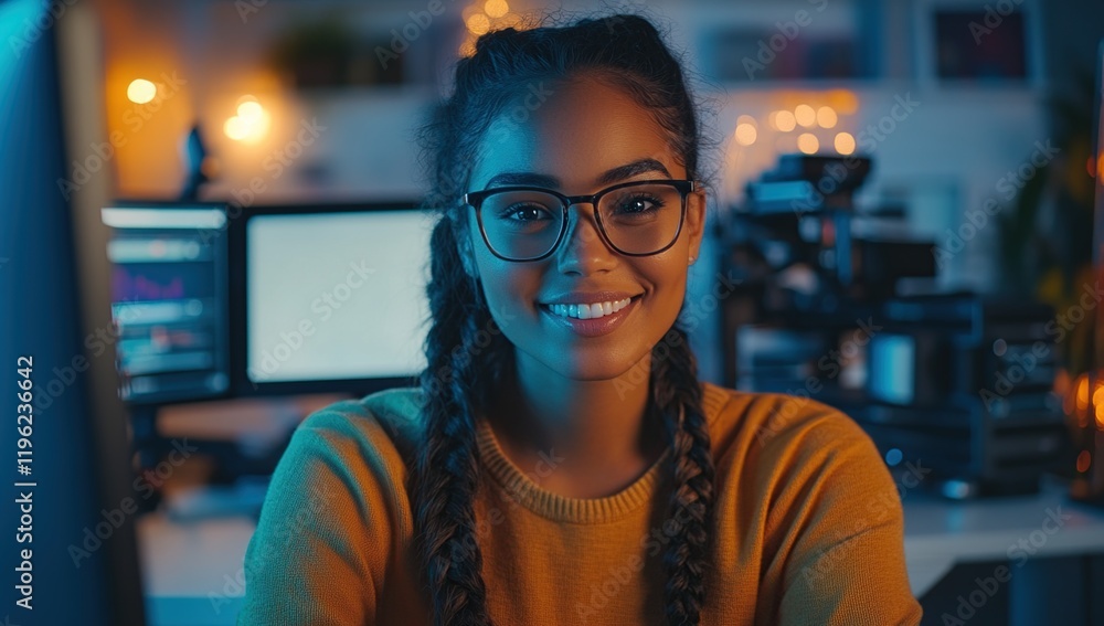 Aufkleber woman smiles confidently while working on computer at night, illuminated by soft lights, creating di