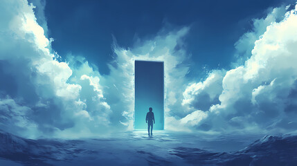 Person walking through a door to another dimension, exploration curiosity, surreal adventure. Rainspire. Illustration
