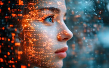 Woman's face overlaid with glowing circuit board pattern.