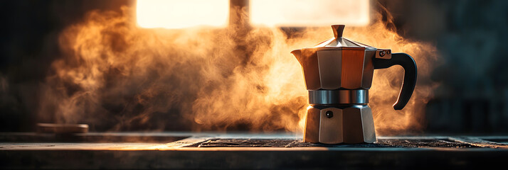 Coffee beans in Moka pot and smoke. Brewing black coffee using Moka coffee maker.	