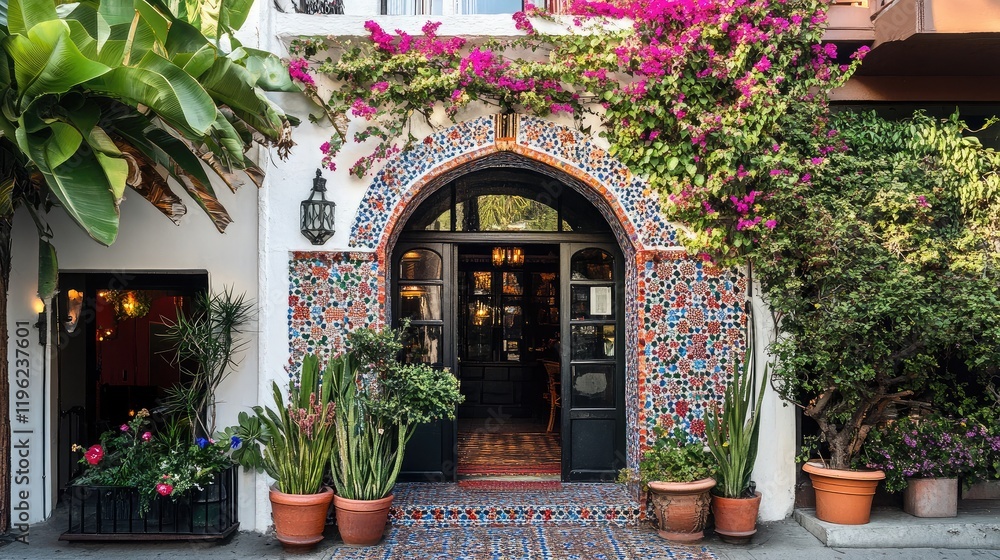 Poster a colorful moroccan-style door with intricate tile work and an arched frame