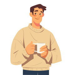 A Man Holding a Cup of Coffee and Smiling in a Relaxed Flat Illustration