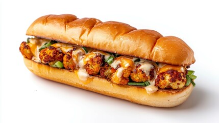 Delicious sandwich filled with crispy cauliflower, fresh greens, and creamy sauce on a white background