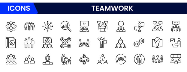 Teamwork linear icons collection. Set of coworking space icons. Business teamwork, team building, work group, and human resources minimal thin line web icon set.