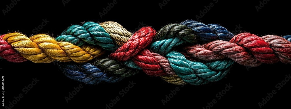 Poster colorful ropes intertwined: a study in unity and complexity, showing strength in diversity through i