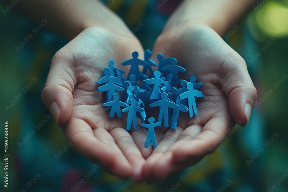 Poster hands gently hold a community of small blue figures, symbolizing unity and support for a diverse gro